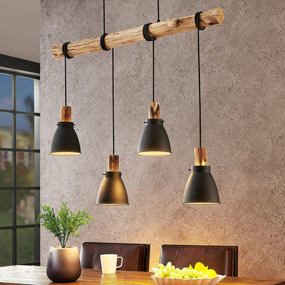 Pendant Light Rustic Wood and Black Metal