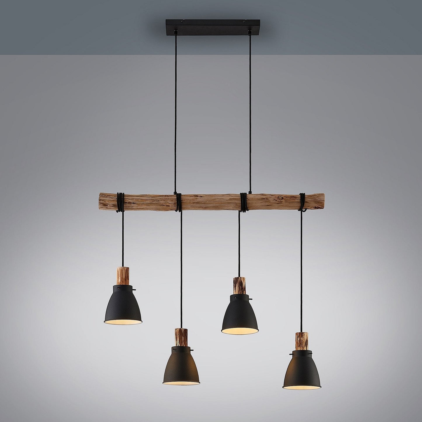 Pendant Light Rustic Wood and Black Metal