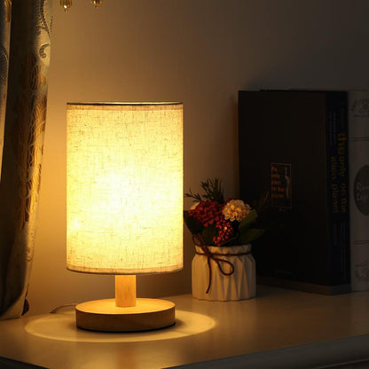 Table Lamp Natural Wood Fabric Dimmable Light