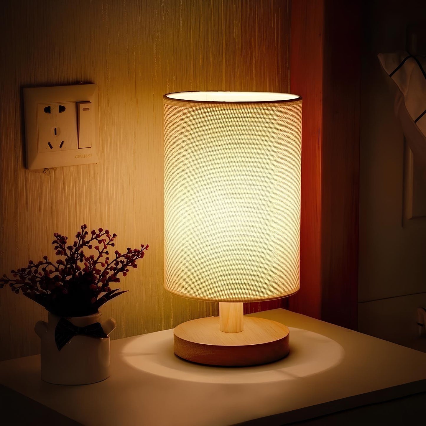 Table Lamp Natural Wood Fabric Dimmable Light
