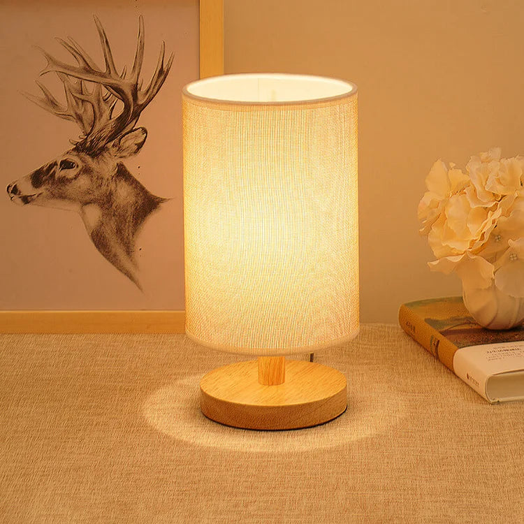 Table Lamp Natural Wood Fabric Dimmable Light