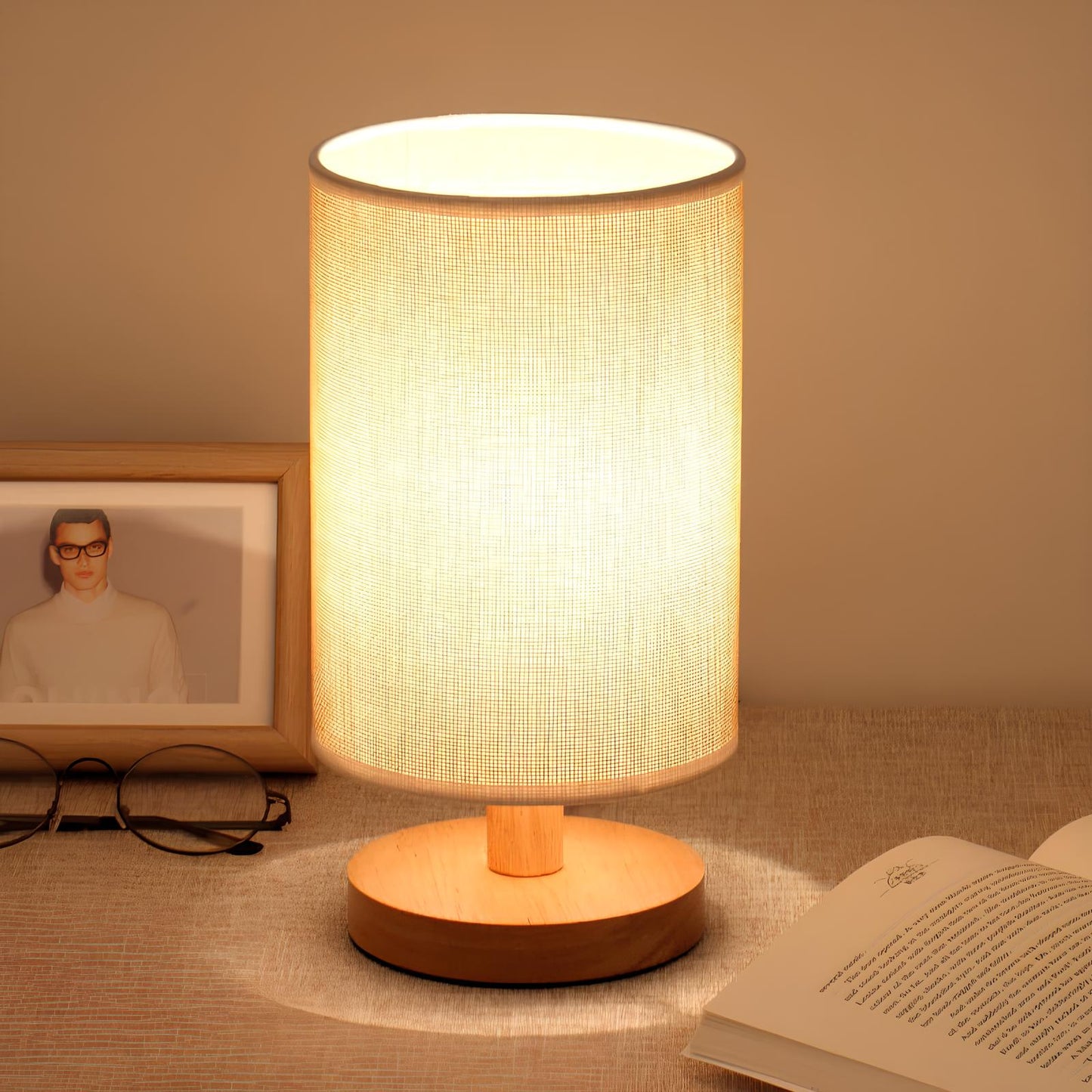 Table Lamp Natural Wood Fabric Dimmable Light