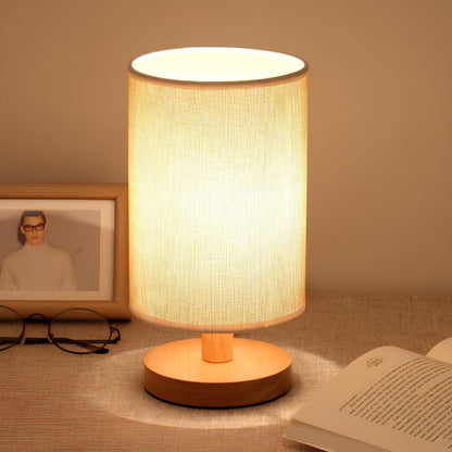 Table Lamp Natural Wood Fabric Dimmable Light