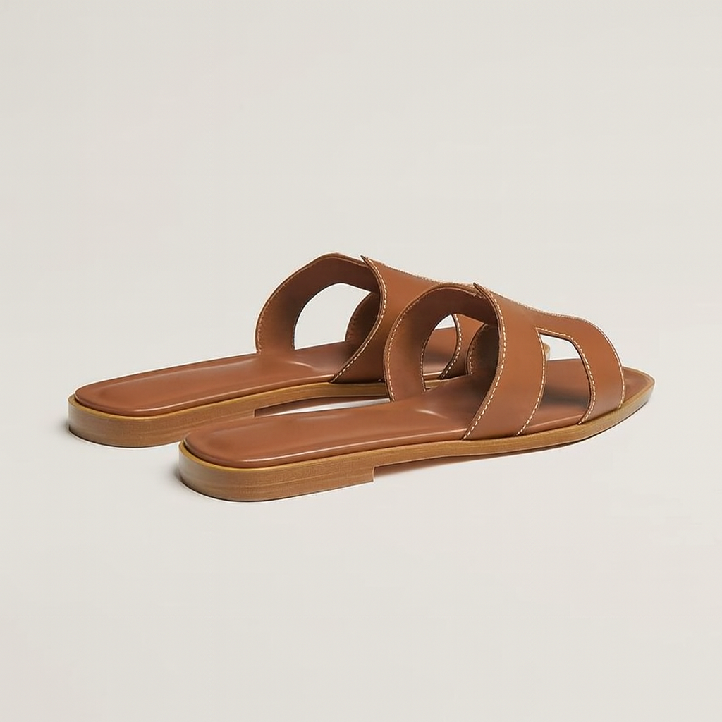 Leather Flat Sandals with Cut Out Strap