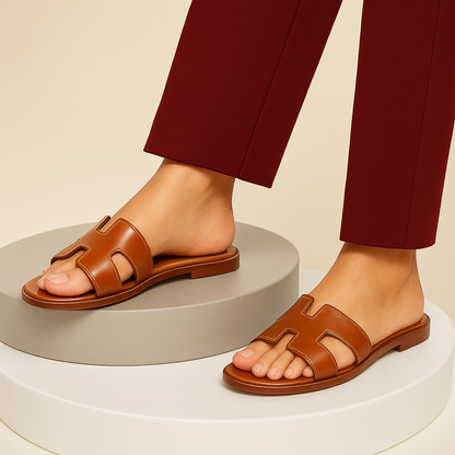 Leather Flat Sandals with Cut Out Strap