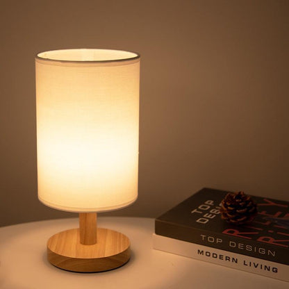 Table Lamp Natural Wood Fabric Dimmable Light
