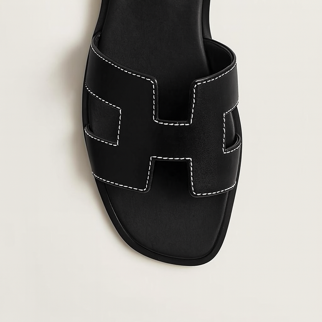 Leather Flat Sandals with Cut Out Strap